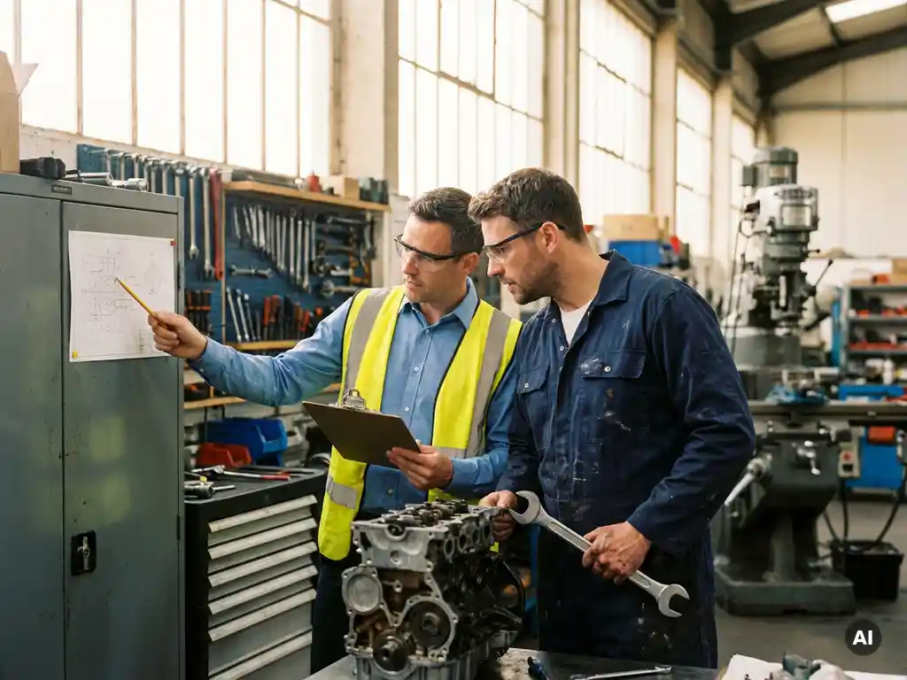 Werktuigbouwkundig ingenieur en monteur overleggen bij half afgemonteerde machine in heldere, schone industriële werkplaats