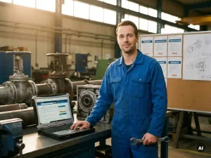 Zelfverzekerde werktuigbouwkundig monteur met laptop met technisch jobportaal, omringd door machines en vacatures in lichte werkplaats