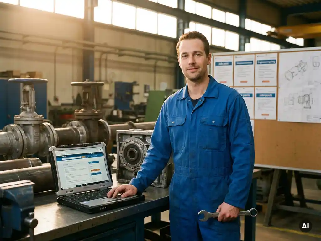 Zelfverzekerde werktuigbouwkundig monteur met laptop met technisch jobportaal, omringd door machines en vacatures in lichte werkplaats