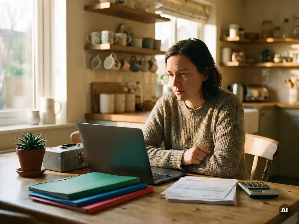 Zelfstandige professional aan keukentafel met laptop, mappen, facturen en gereedschap, nadenkend over carrière- en inkomensopties