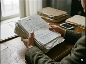 Bezorgde professional aan bureau met dikke, slordige contractmap, losse pagina’s en stille smartphone, benadrukt juridische onzekerheid