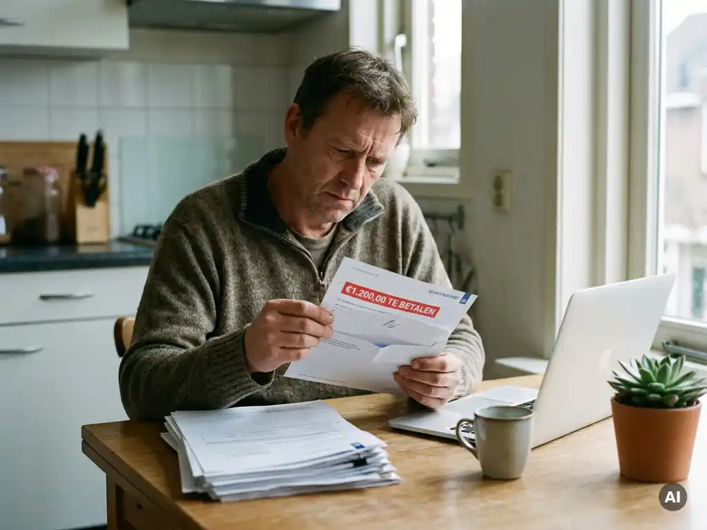 Bezorgde Nederlandse freelancer aan keukentafel bekijkt onverwachte belastingaanslag naast laptop, facturen en koffiemok