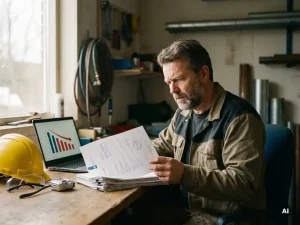 Nederlandse technisch freelancer aan bureau bestudeert officiële papieren, met helm, laptop met financiële grafiek en gereedschap ernaast