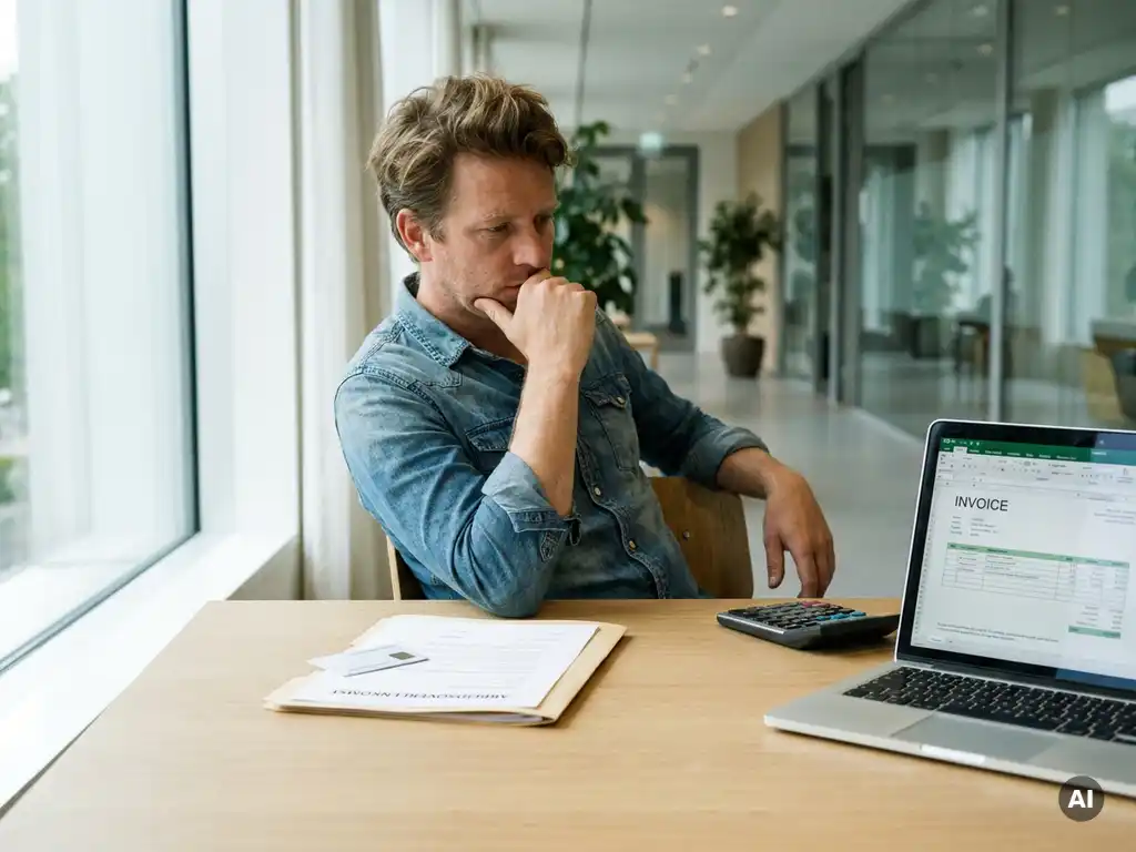 Nederlandse freelancer twijfelt tussen arbeidscontract en freelancefactuur aan bureau in modern gemeentehuiskantoor