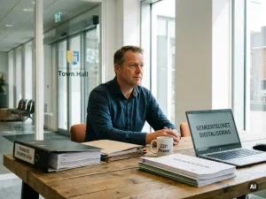 Zzp’er aan bureau in modern gemeentehuis werkt tussen ordner en digitaal gemeenteloket, geconcentreerd op nieuwe regels en systemen