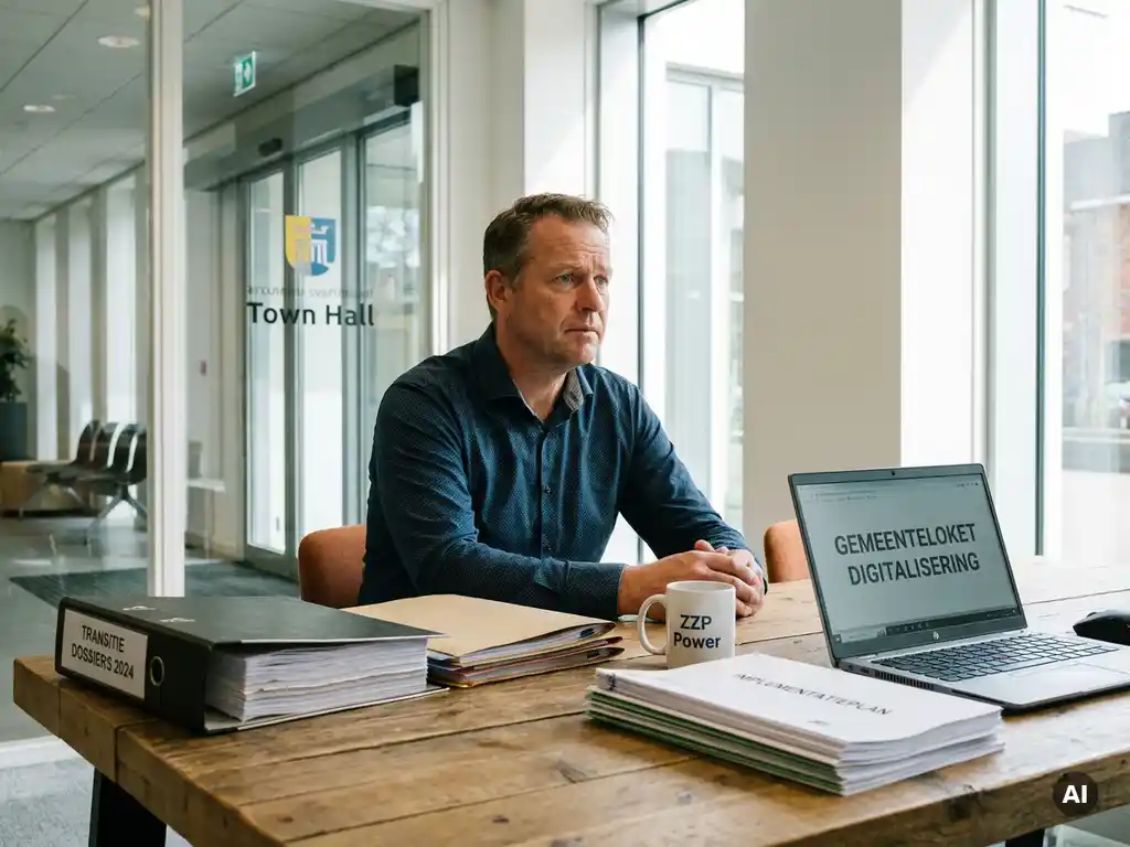 Zzp’er aan bureau in modern gemeentehuis werkt tussen ordner en digitaal gemeenteloket, geconcentreerd op nieuwe regels en systemen