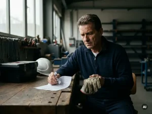 Bezorgde zzp’er in technische werkplaats met verfrommeld contract en veiligheidshandschoen, gereedschap en helm naast zich