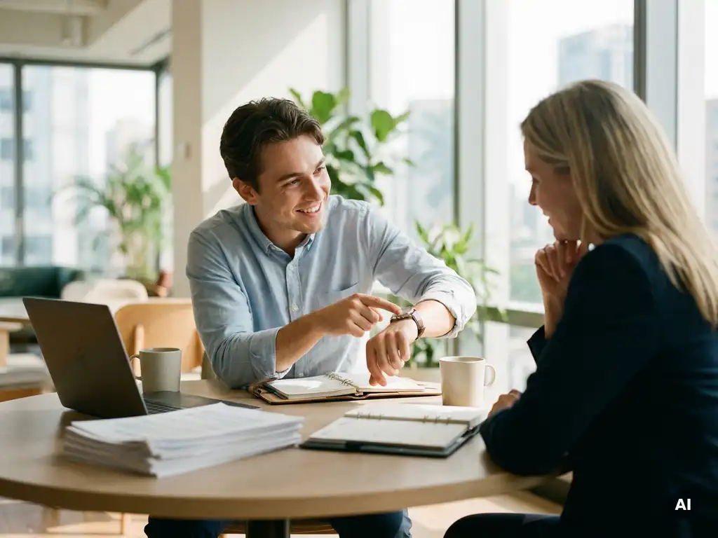 Jonge medewerker bespreekt rustig agenda met leidinggevende aan vergadertafel in licht, modern kantoor