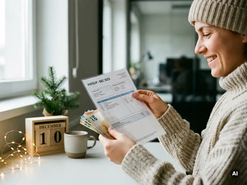 Blije kantoormedewerker toont loonstrook en extra eurobiljetten aan bureau met decemberkalender, kerstdecoratie en koffiemok