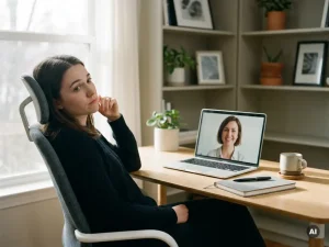 Jonge professional twijfelend in gesprek met recruiter via laptop in rustige, moderne thuiswerkplek met gesloten notitieboek