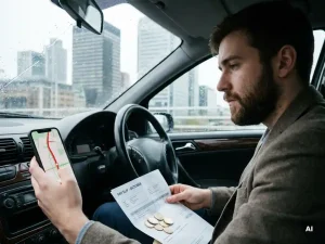 Jonge professional in auto kijkt bezorgd naar navigatiefile, met loonstrook en euromunten op schoot voor kantoorgebouwen