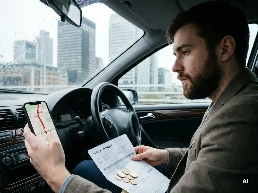 Jonge professional in auto kijkt bezorgd naar navigatiefile, met loonstrook en euromunten op schoot voor kantoorgebouwen