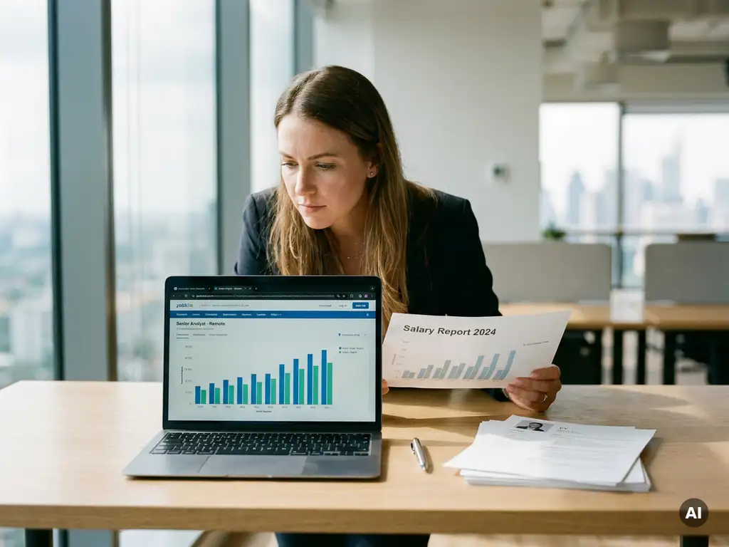 Zakelijke professional bestudeert salarissrapport en vacaturewebsite op laptop aan opgeruimd bureau in modern, licht kantoor