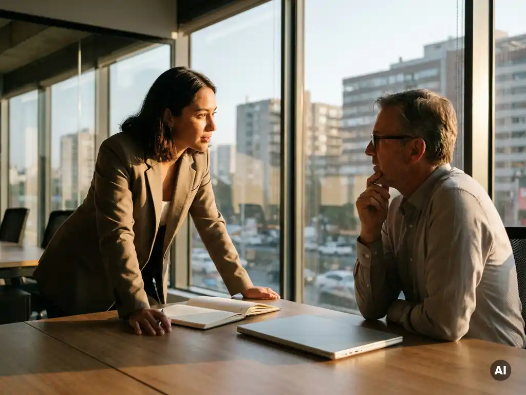 Jonge professional in gesprek met manager in modern kantoor, focus op verwachtingsvol beoordelingsmoment